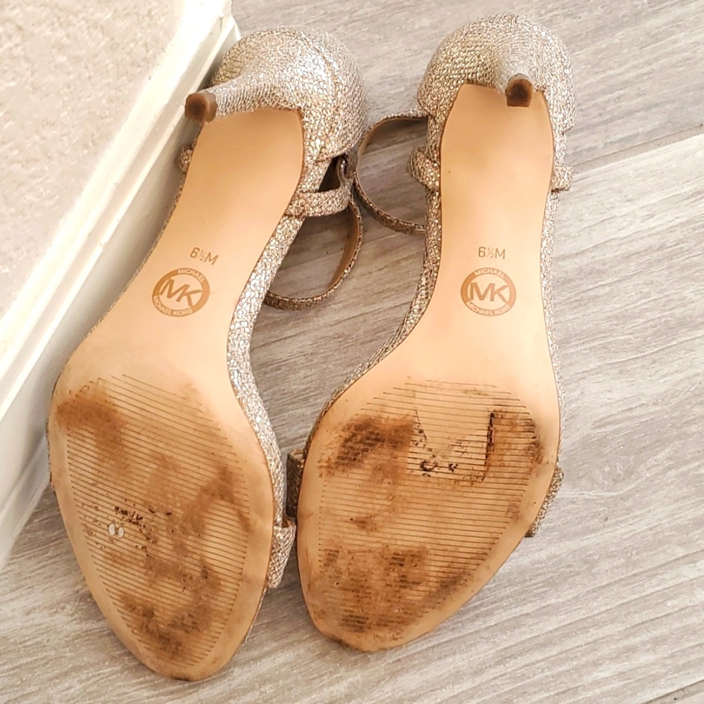 Michael Kors Ava Size Sand Glitter Mid-Heel Sandals Shoes W/Ankle Strap - Picture 16 of 16